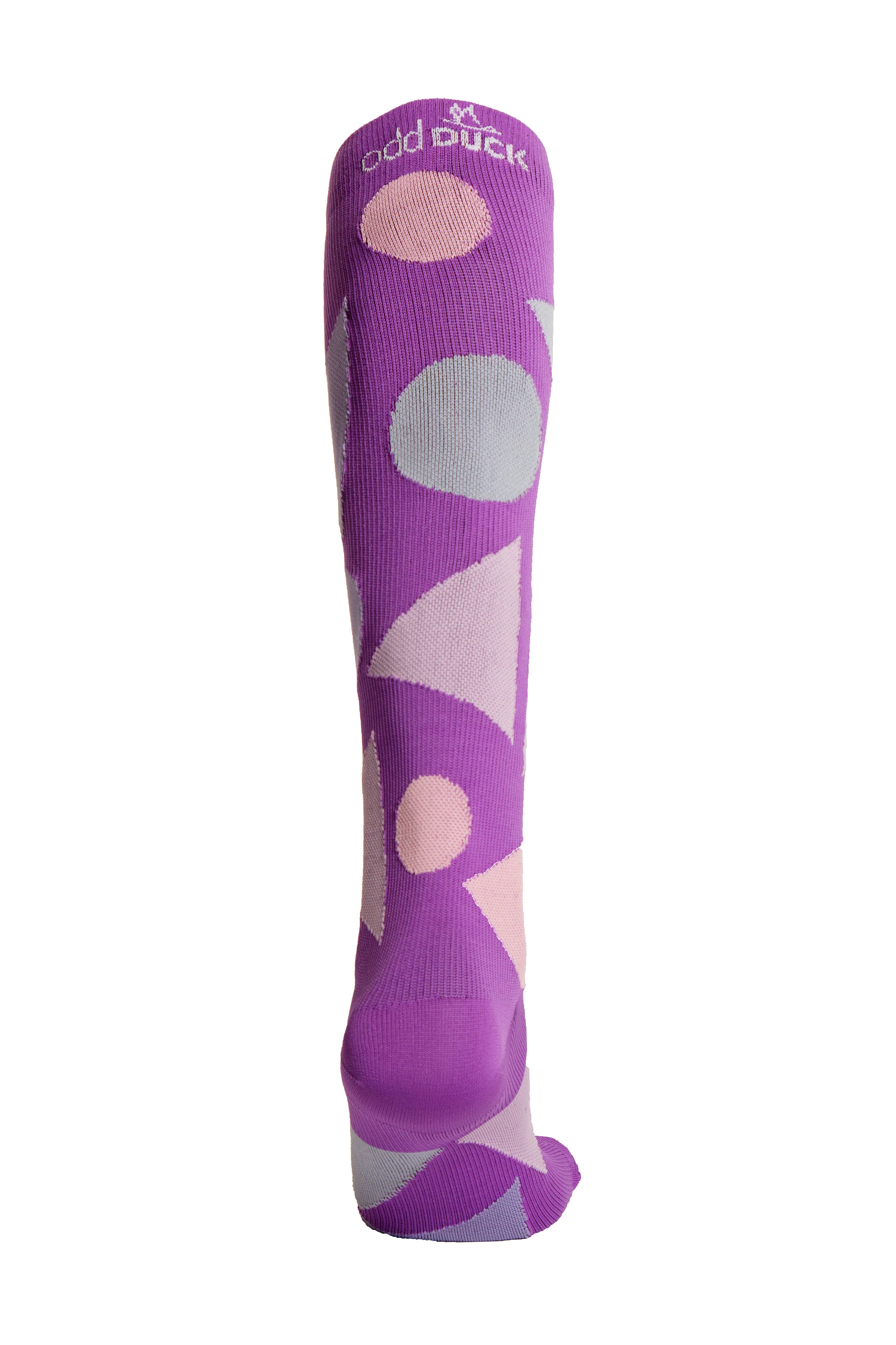 Purple compression sock with triangles and circles (dots). Back view.