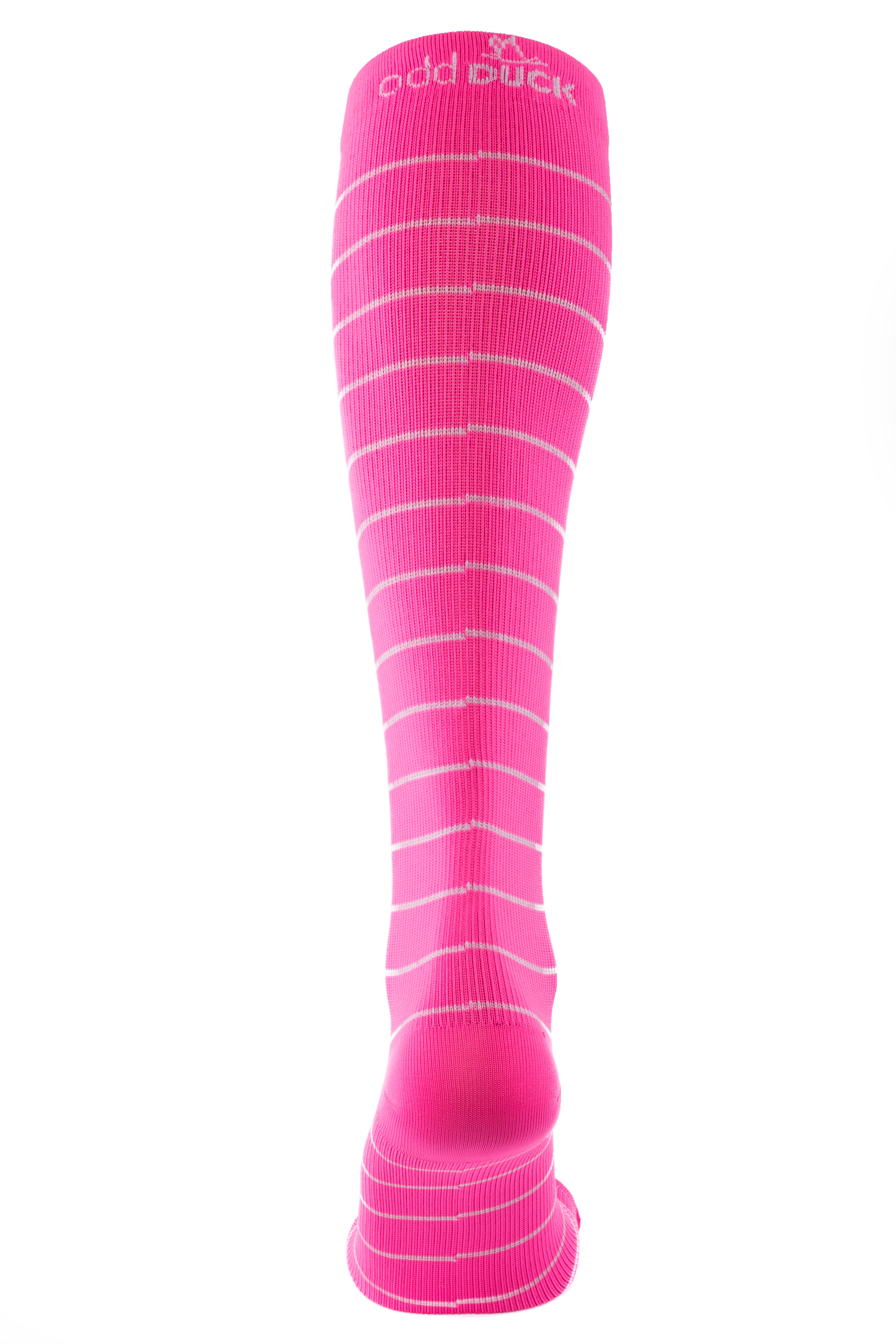Bright pink compression socks Canada with white horizontal lines. Back view.