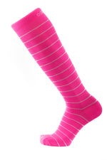 Bright pink compression socks Canada with white  horizontal lines. Side view.