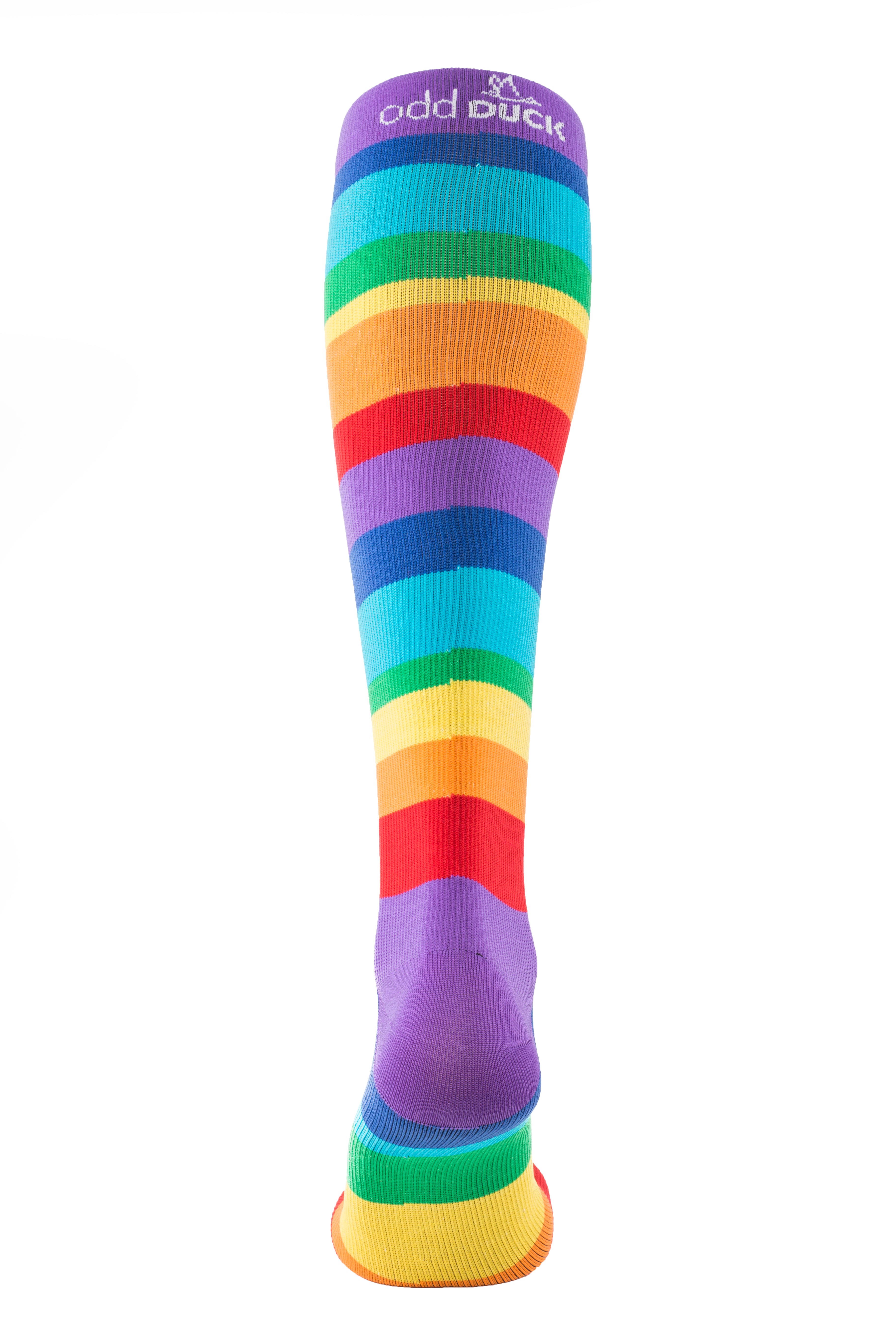 Bright rainbow colourful compression sock available in Canada. Back view.