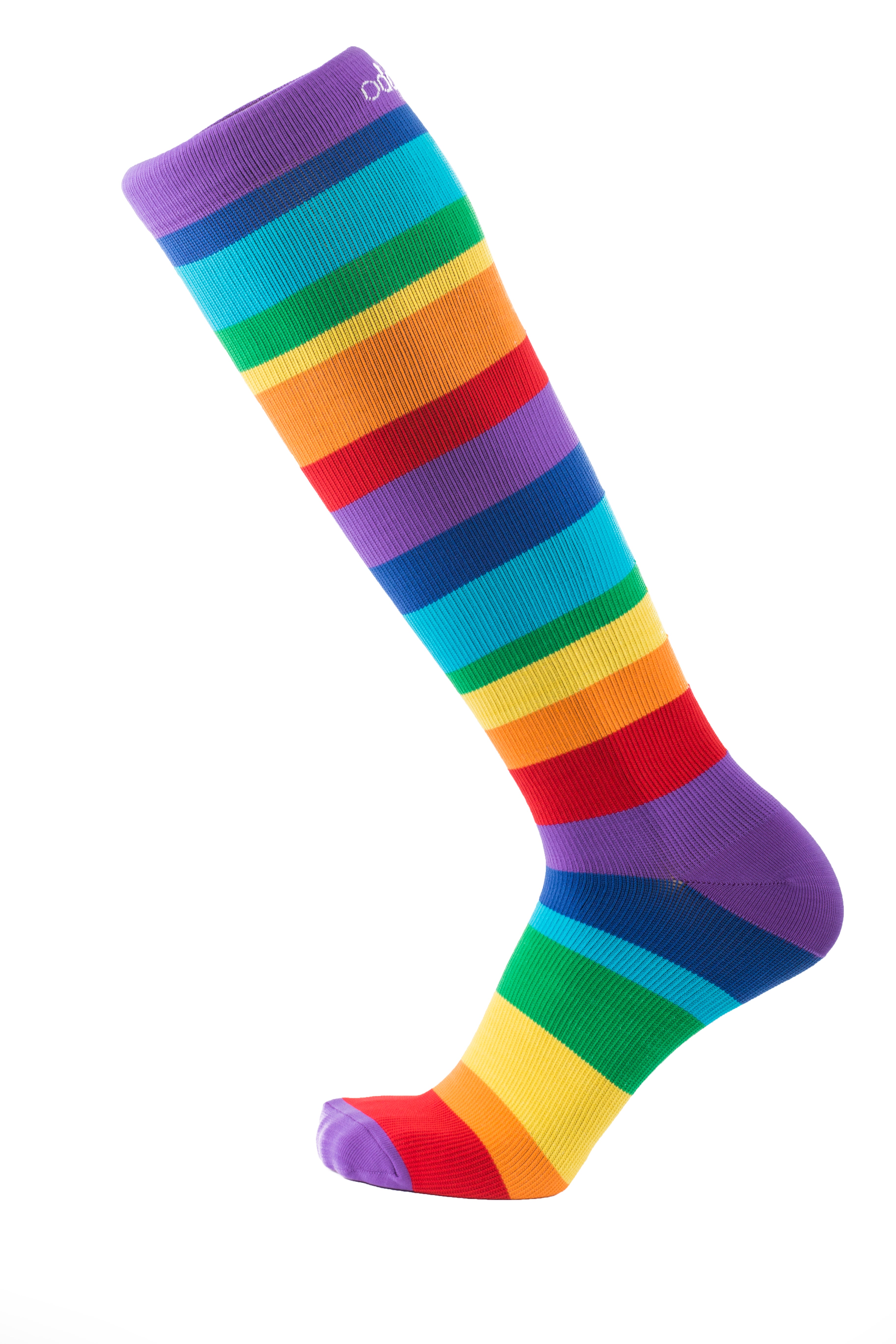 Bright rainbow colourful compression sock available in Canada. Side view.