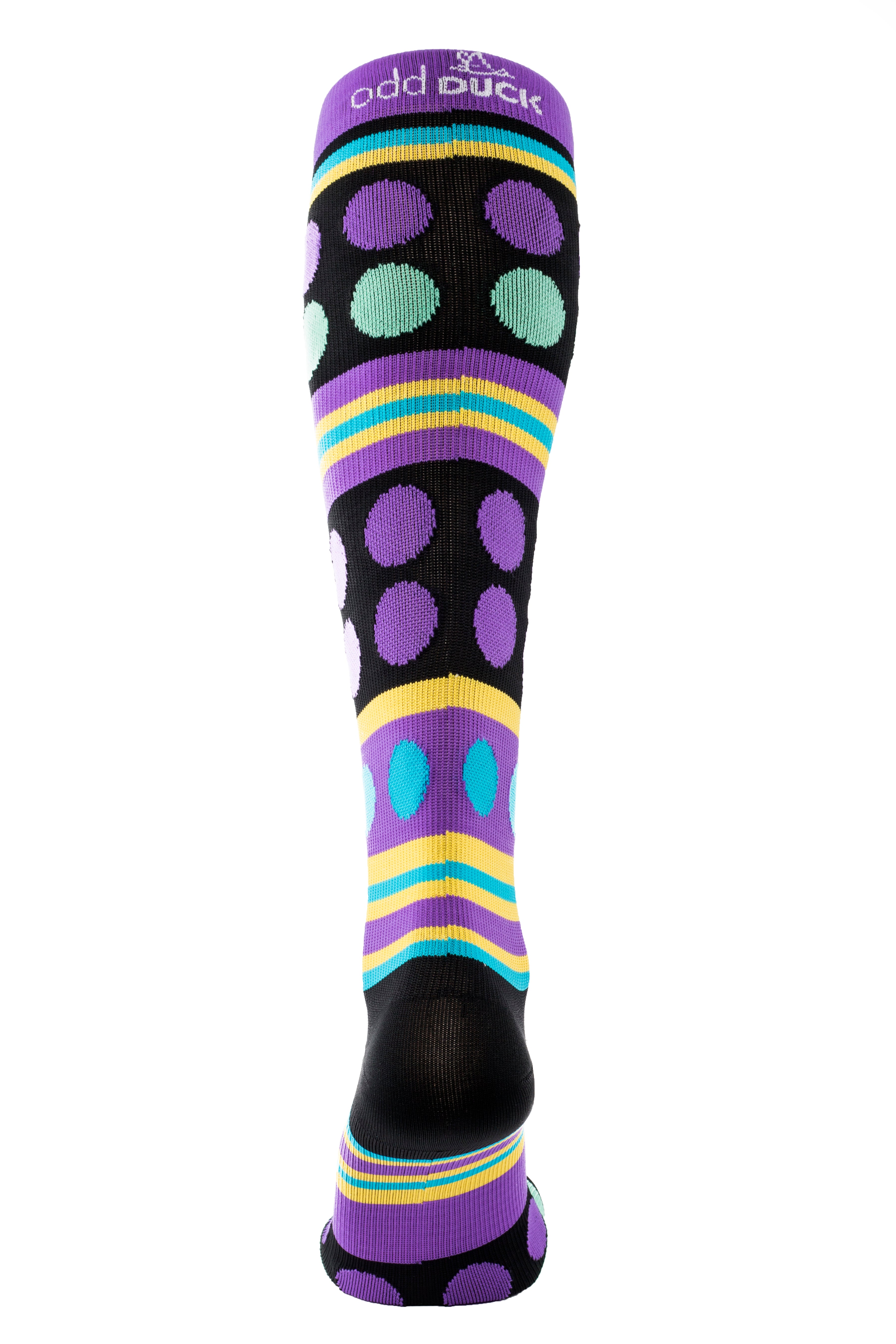 Funky purple, black and blue dotted compression sock available in Canada. Back view.