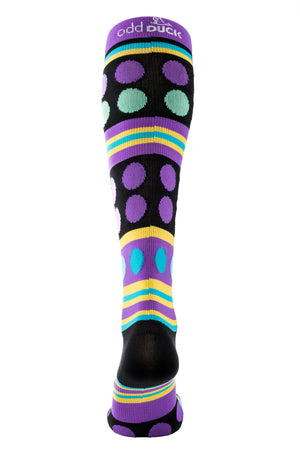 Funky purple, black and blue dotted compression sock available in Canada. Back view.
