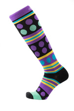 Funky purple, black and blue dotted compression sock available in Canada. Side view.