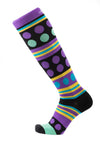 Funky purple, black and blue dotted compression sock available in Canada. Side view.