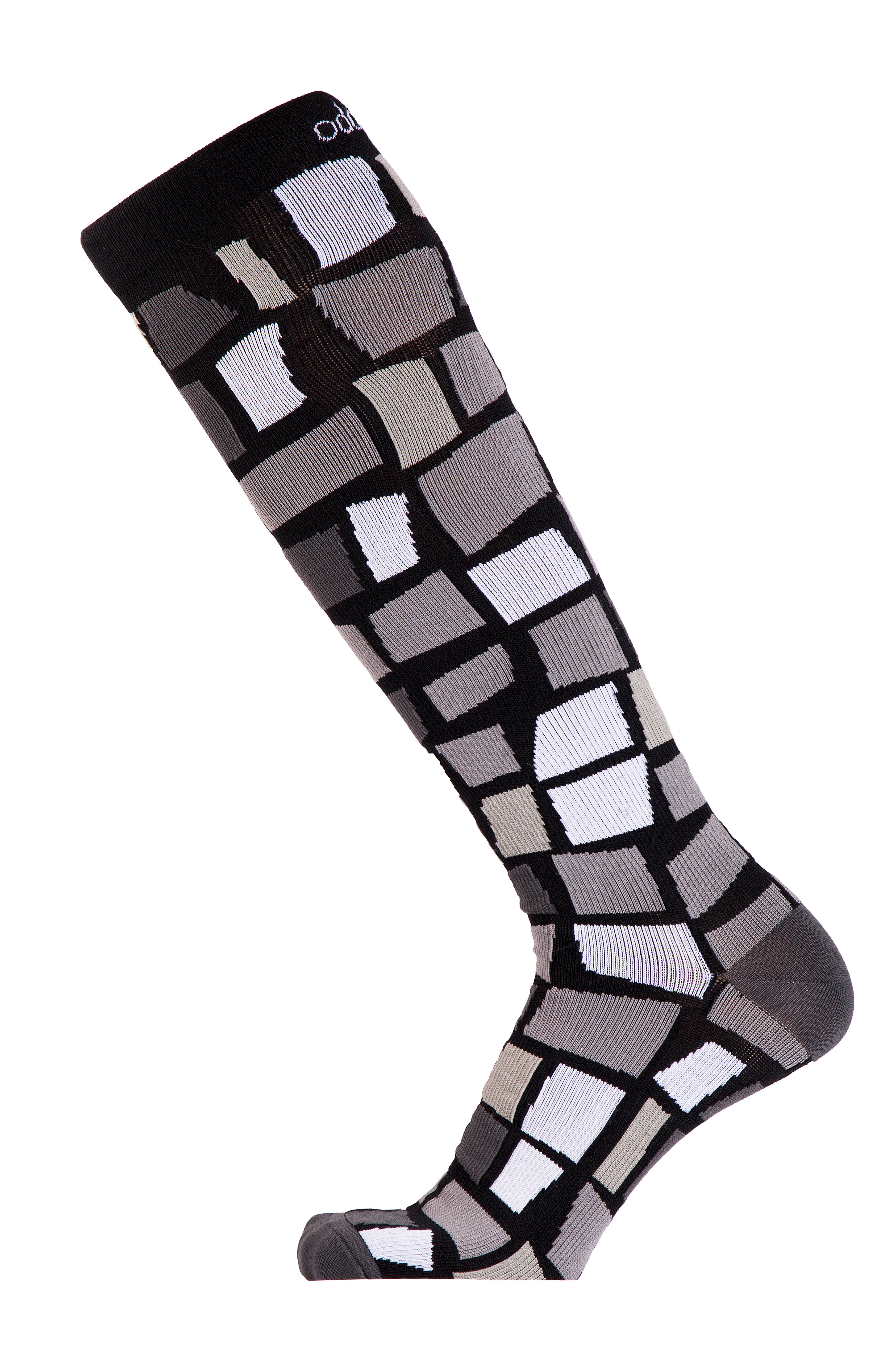black, white and grey pattern compression socks available in Canada. Side view.